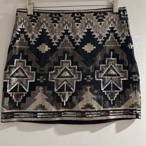 Express Sequin Mini Skirt Womens XS Black Silver Bronze Geometric Aztec Good